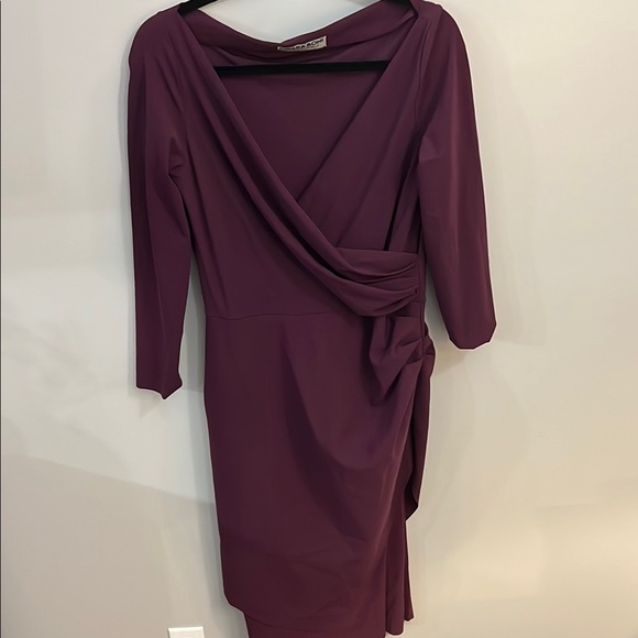 Purple Midi Sheath Dress with 3/4 Sleeves and Asymmetrical Neckline for Cocktail - Picture 1 of 5